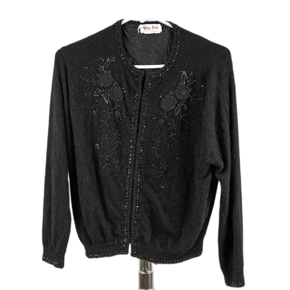 Vintage 70s Ming Arts black beaded cardigan size S